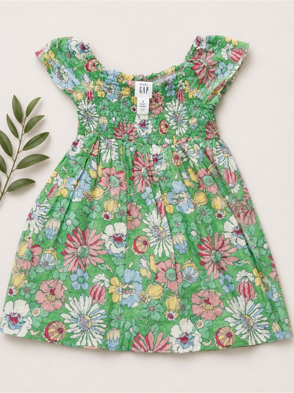 GAP Green Floral Smocked Dress with Pink & Yellow Blooms